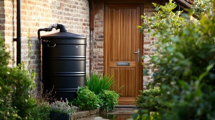 Obraz premium A black barrel-shaped rainwater tank connected to the house via pipes and drains, a modern brown door surrounded by green trees, combining functionality with natural beauty.