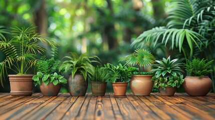 Fototapeta premium A row of potted plants with green leaves on a wooden deck, with a blurred background of tropical greenery.