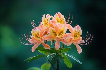 A cluster of peach-colored azalea blossoms with yellow spots against a blurred green background.