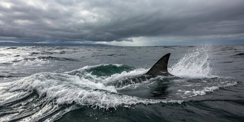 Fototapeta premium A shark fin sliced through the surface of the ocean on a cloudy day, creating a whirlpool in its wake, ocean surface, underwater world, aquatic animals