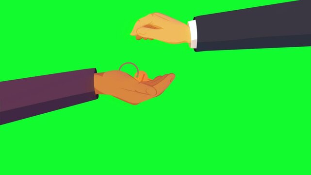 2d cartoon style animated illustration of  a hand giving a key to another hand against a green screen background. Exchanging, transfering, ownership, selling concepts. 4k