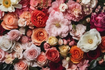 A colorful and vibrant floral background featuring an assortment of roses, peonies, and other blooms in various shades of pink, red, orange, and white.