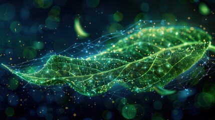 A glowing green leaf, rendered in a digital art style, with connected points of light and a blurred background.