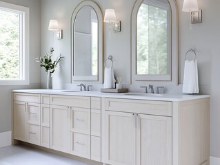 Elegant minimalist bathroom with pale birch cabinets, frameless arched mirrors, and soft gray accents ,