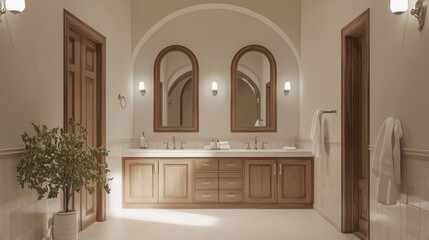 Modern bathroom with wooden cabinets, dual sinks, and arched mirrors, light background. Contemporary home or hotel concept. 3D Rendering 
