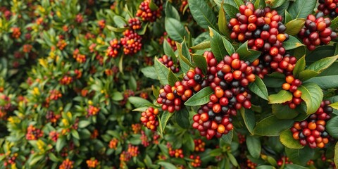Aerial view of a coffee farm with clusters of ripe coffee cherries, misty mountains, highland coffee plantation, rural charm