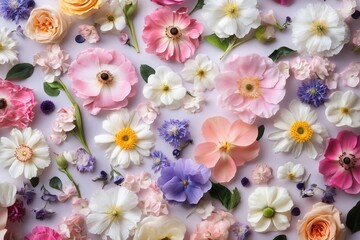 A colorful flat lay of various flowers on a purple background.