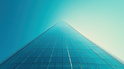 A towering glass skyscraper reaching towards a clear blue sky.