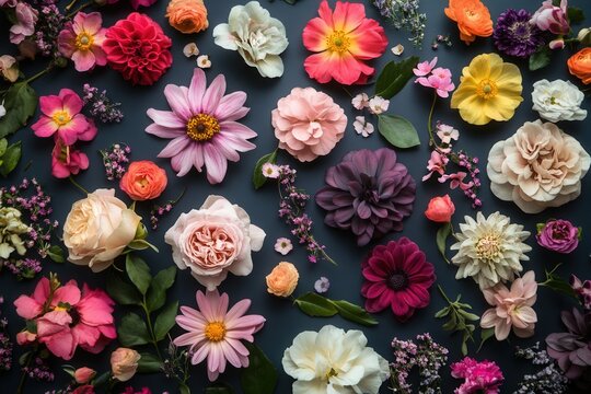 A flat lay of various colorful flowers on a dark blue background.