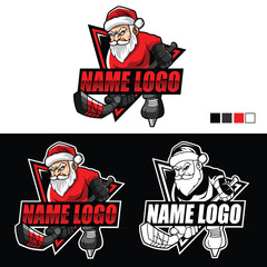 Santa Claus Ice Hockey Mascot Logo Cartoon for Sport Team and Business. Santa Claus ice hockey mascot player logo. Hockey mascot logo design vector with modern illustration concept style for badge © Yulio Art