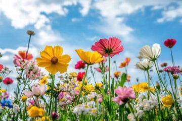 Obraz premium A low angle view of a field of colorful wildflowers reaching towards a bright blue sky with white clouds.