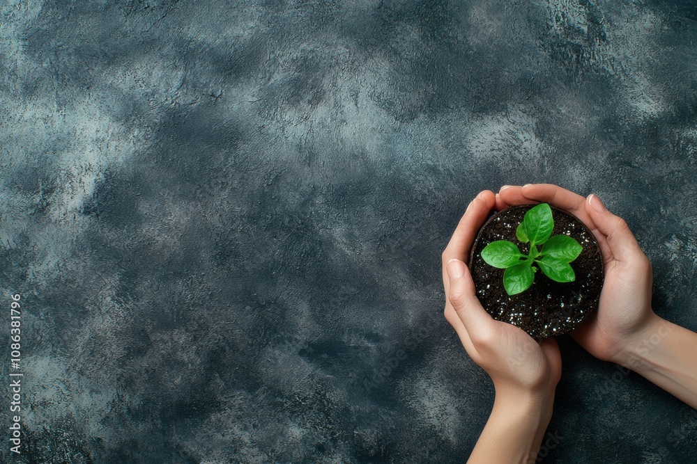 Poster two hands are carefully holding a small green seedling in dark soil, emphasizing the importance of n
