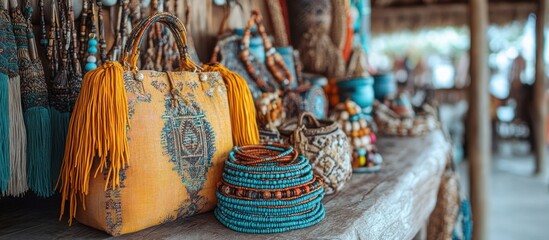 A close-up of a yellow bag with blue and brown tassels sitting on a wooden table with other handcrafted items.