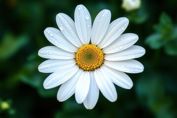 Obraz premium A single white daisy with dew drops on its petals, against a green background.