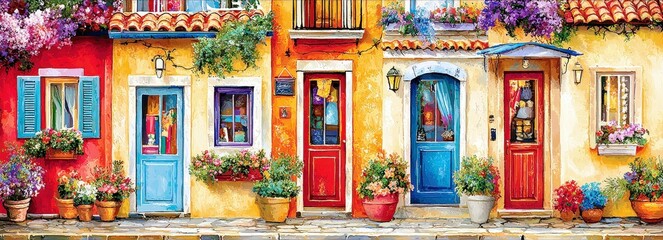 Fototapeta premium Vibrant Mediterranean Street with Colorful Doors and Flowering Plants in Pots Showcasing Charming Architecture and Lively Atmosphere in a Quaint Coastal Village