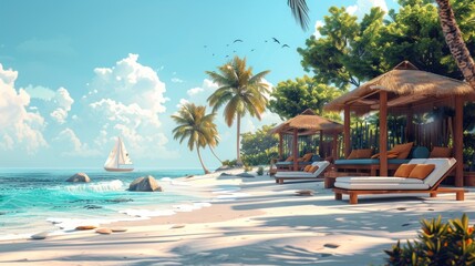 Fototapeta premium A serene tropical beach scene with white sand, palm trees, and a thatched-roof cabana. A sailboat sails on the horizon.