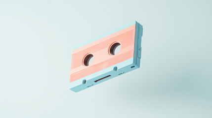 Fototapeta premium Floating Cassette Tape: A vintage cassette tape hovers against a soft blue background, its pink and blue colors echoing the hues of a nostalgic summer day. 