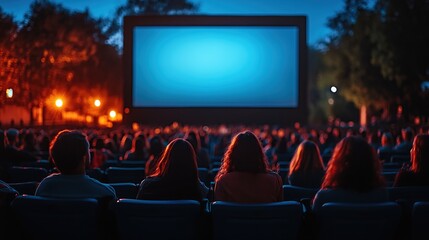 Outdoor movie screening at dusk with an audience watching a large screen.