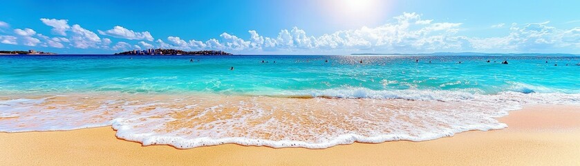 Obraz premium Serene Tropical Beach with Clear Turquoise Water, Gentle Waves, and Bright Blue Sky in a Picturesque Coastal Landscape on a Sunny Day