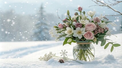 Fototapeta premium Delicate watercolor winter flowers arrangement in a vase with subtle snowfall background, floral arrangement, frosty