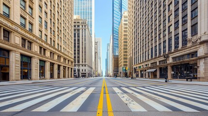 Obraz premium Empty Urban Street View with Modern Skyscrapers and Historic Buildings in a City Center, Capturing an Architectural Contrast Against a Clear Blue Sky