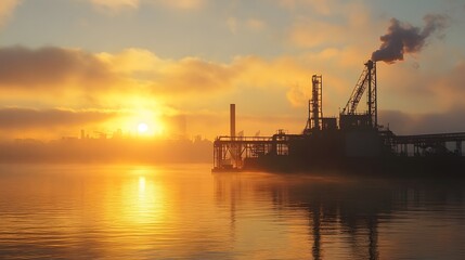 Obraz premium 31. A scenic industrial landscape featuring a dewatering plant at sunrise