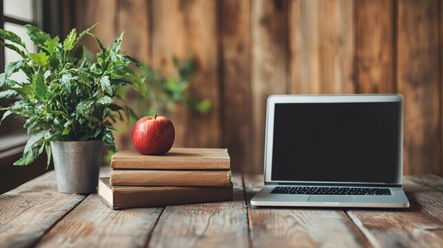 A workspace featuring a laptop, books, an apple, and a potted plant on a wooden table.