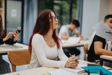 A focused student listens attentively during a classroom session, surrounded by peers engaged in study and discussion. The image captures an atmosphere of learning and academic engagement.