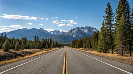 Naklejka premium Empty stretch of asphalt road running parallel to a mountain range with a clear blue sky above and pine trees in the foreground, empty highway, serene atmosphere, natural landscape, road to nowhere