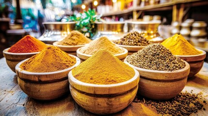 Fototapeta premium Colorful Display of Aromatic Spices in Wooden Bowls Set in a Vibrant Market, Showcasing Texture and Rich Colors of Various Spices from Around the World