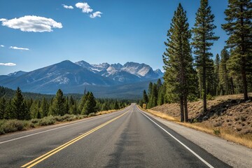 Fototapeta premium Empty stretch of asphalt road running parallel to a mountain range with a clear blue sky above and pine trees in the foreground, serene atmosphere, empty highway, road to nowhere