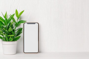 Modern Smartphone Mockup with Plant on White Shelf