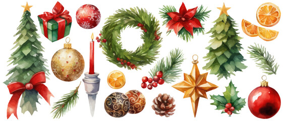 A festive collection of watercolor Christmas ornaments perfect for adding a touch of holiday cheer to your designs