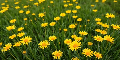 Obraz premium fields of bright yellow daisies on a lush green lawn, bloom, colorful, landscape