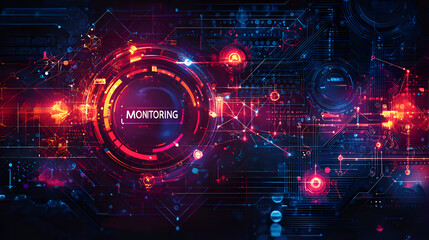 Obraz premium Futuristic Digital Technology Background with Glowing Circles and Lines for Data Monitoring and Cybersecurity Analysis