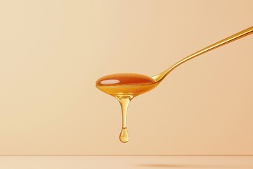 Honey dripping from a golden teaspoon floating in the air with a beige background