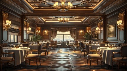 Elegant dining room interior with classic furniture, white tablecloths, and large windows.