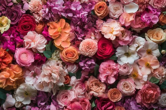 A vibrant and colorful floral wall with various flowers in shades of pink, red, orange, and white.