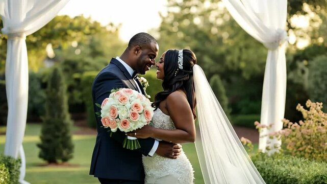 Romantic outdoor wedding ceremony in a garden setting during golden hour with couple sharing a heartfelt moment