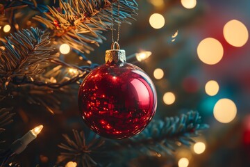 A vibrant red ornament glistens on a lush green Christmas tree, capturing the festive spirit and warmth of the holiday season.