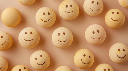 Obraz premium Smiling Yellow Balls Arranged on a Light Brown Background