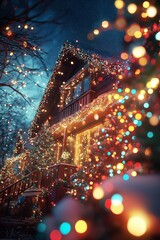 A snow-dusted house is brilliantly decorated with colorful Christmas lights