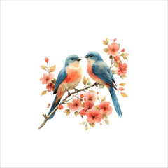 Watercolor lovebirds couple on a branch clipart. love Birds and heart watercolor illustration.