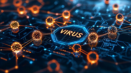 Futuristic Digital Security Concept Illustrating Virus Spread and Cyber Threats in Networked Systems