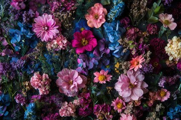 A vibrant collection of colorful flowers in a flat lay arrangement.