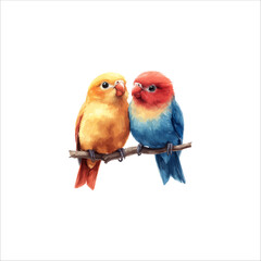 Watercolor lovebirds couple on a branch clipart. love Birds and heart watercolor illustration.