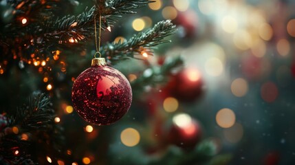 A vibrant red ornament dangles gracefully from a lush green Christmas tree, shimmering in the soft glow of twinkling lights, evoking festive cheer and warmth.