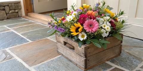 Fresh bouquet of colorful wildflowers filled in a rustic wooden gift box placed on a natural stone floor, garden, colors, decoration, home decor, botanical