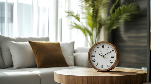 A charming, modern living room interior, featuring a vintage alarm clock on a round wooden coffee table