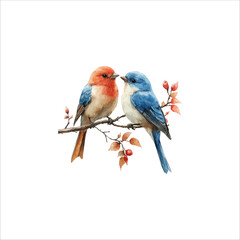 Watercolor lovebirds couple on a branch clipart. love Birds and heart watercolor illustration.
